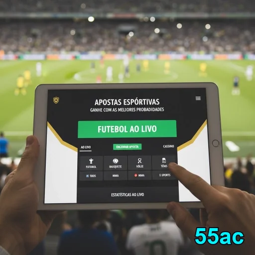 Usuário utilizando o aplicativo 55ac para apostas em esportes ao vivo.