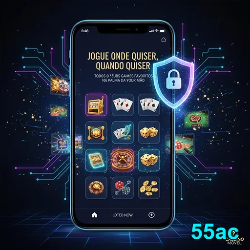 55ac exibe um smartphone com jogos de slots variados.