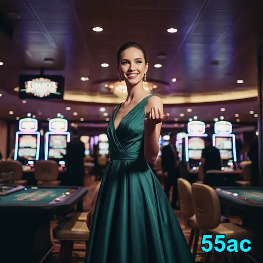 Jogadora sorridente no cassino 55ac com mesas e máquinas.