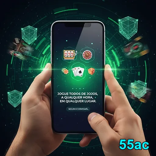 Imagem do aplicativo 55ac mostrando jogos de cassino em smartphone.