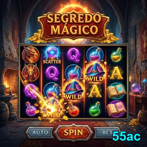 Tela do jogo Segredo Mágico na 55ac mostrando símbolos e rodadas.