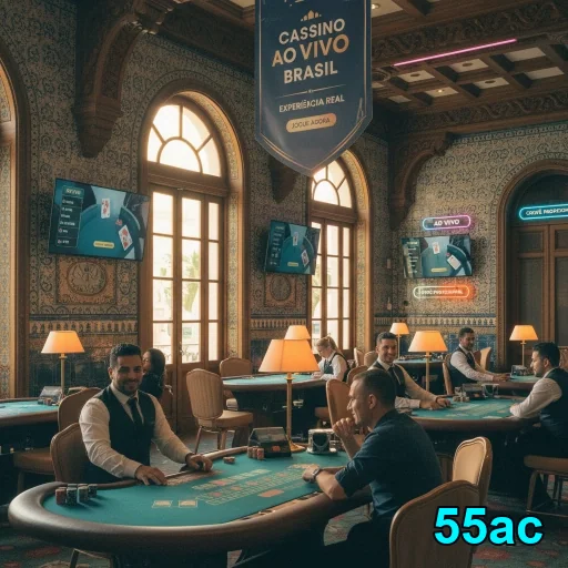 Área VIP de jogos da 55ac com mesas e jogadores em um cassino.